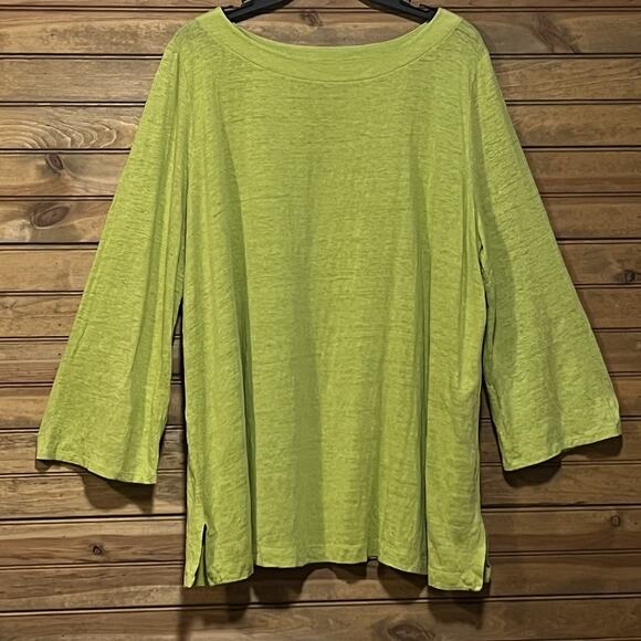 Eileen Fisher Lime Green Linen Women’s Top Shirt Pullover Bell Sleeve Size XL - Picture 1 of 6